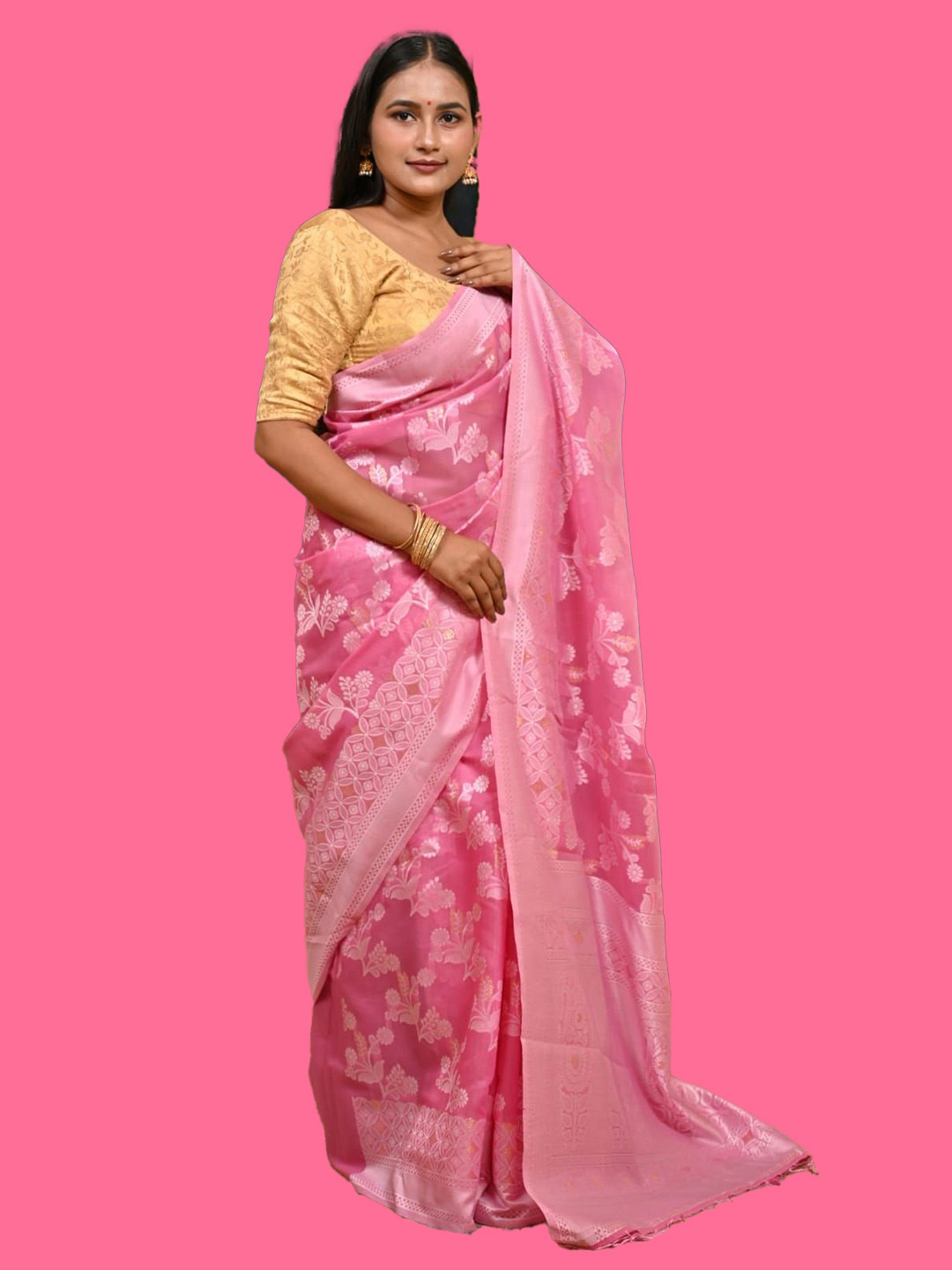 Pink Zari Silk Cotton Banarasi Saree