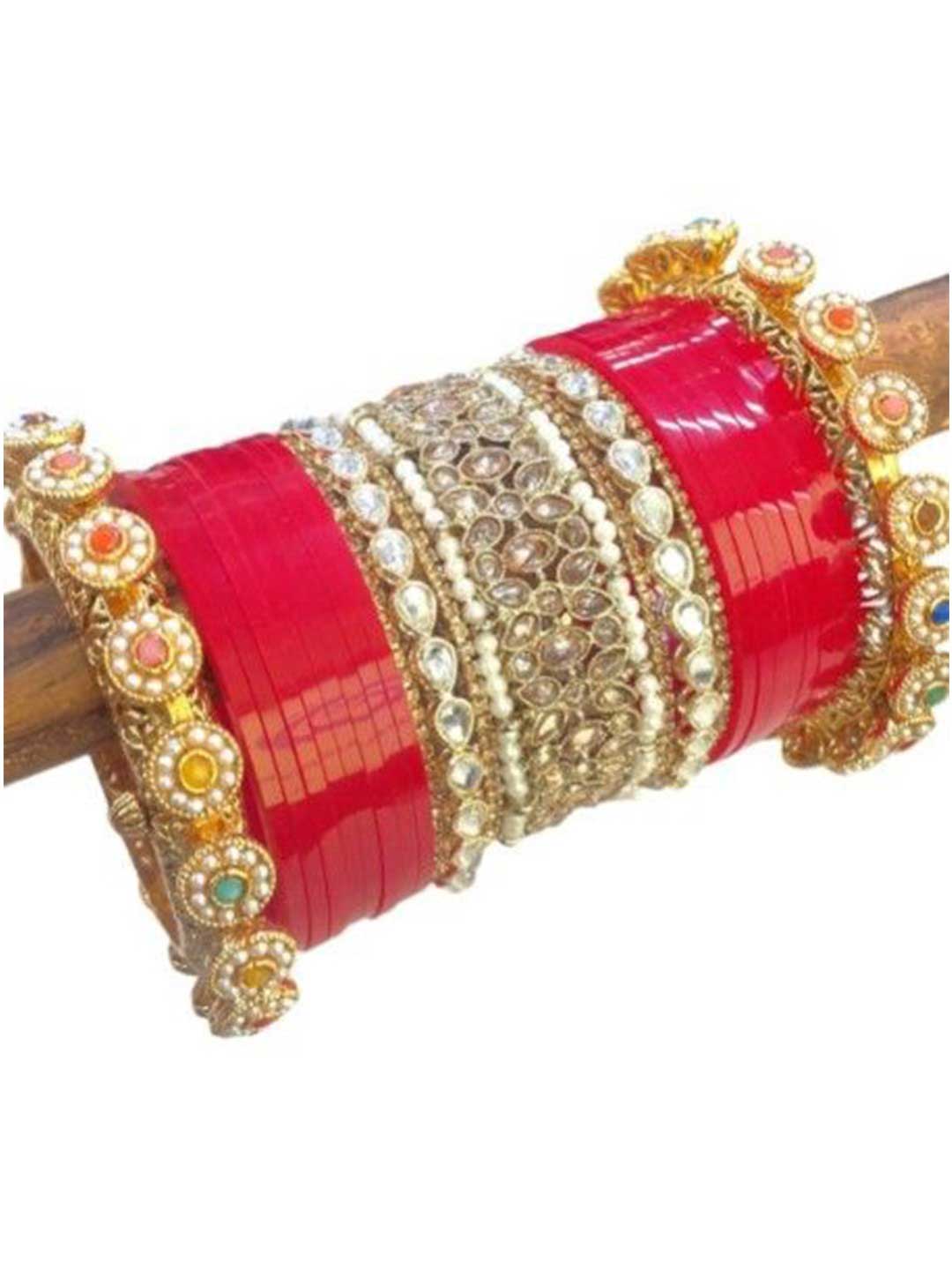 Kundan, Pearl, And Stone Studded Red And Gold Contrast Bangles