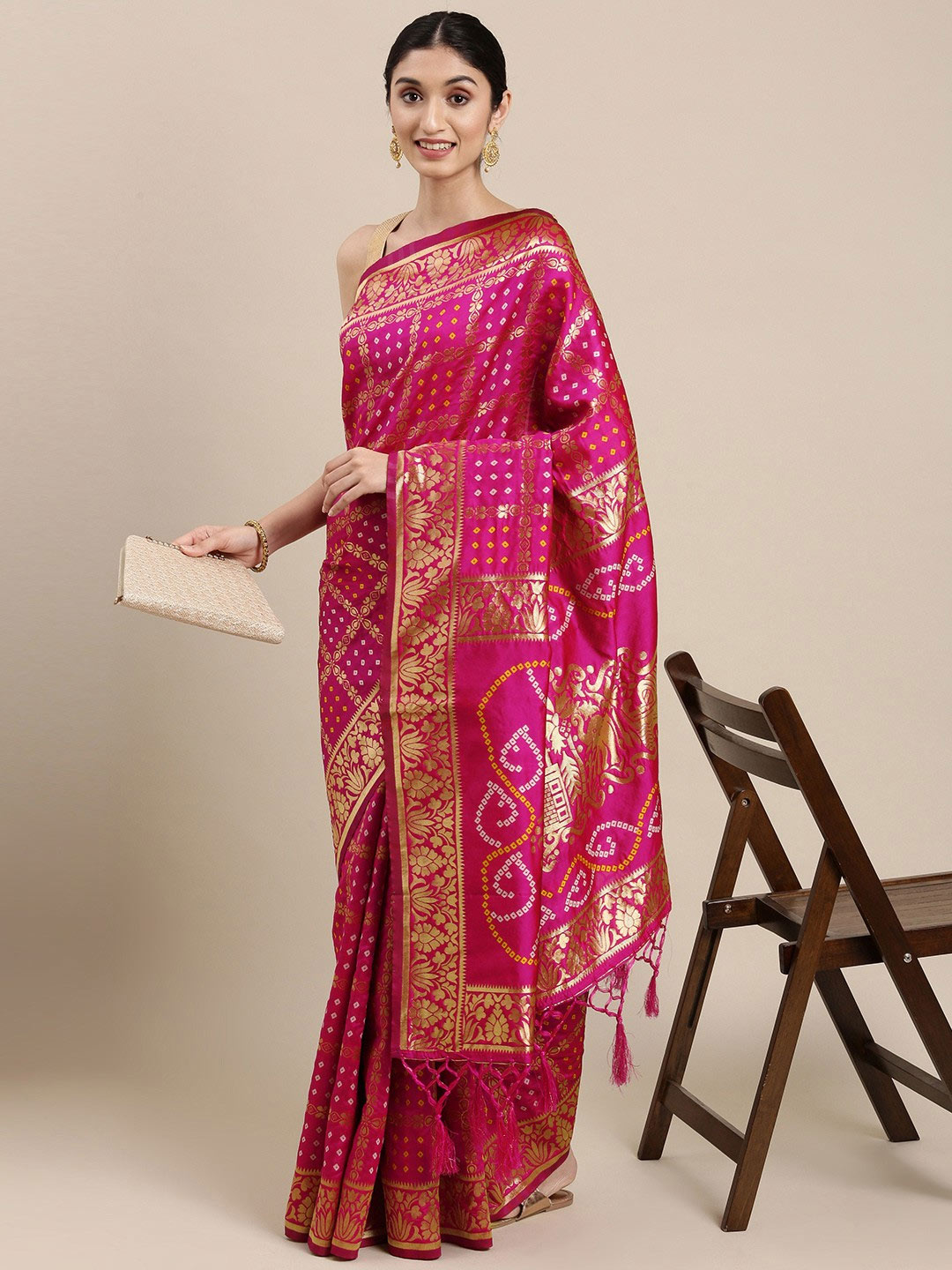 Pink And Gold Banarasi Bandhani Saree Design