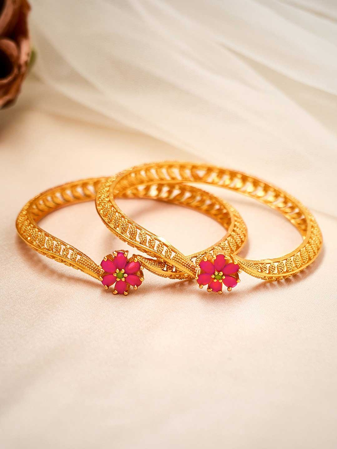 Red And Gold Single Bracelet Bangle With Red Ruby Floral Stone