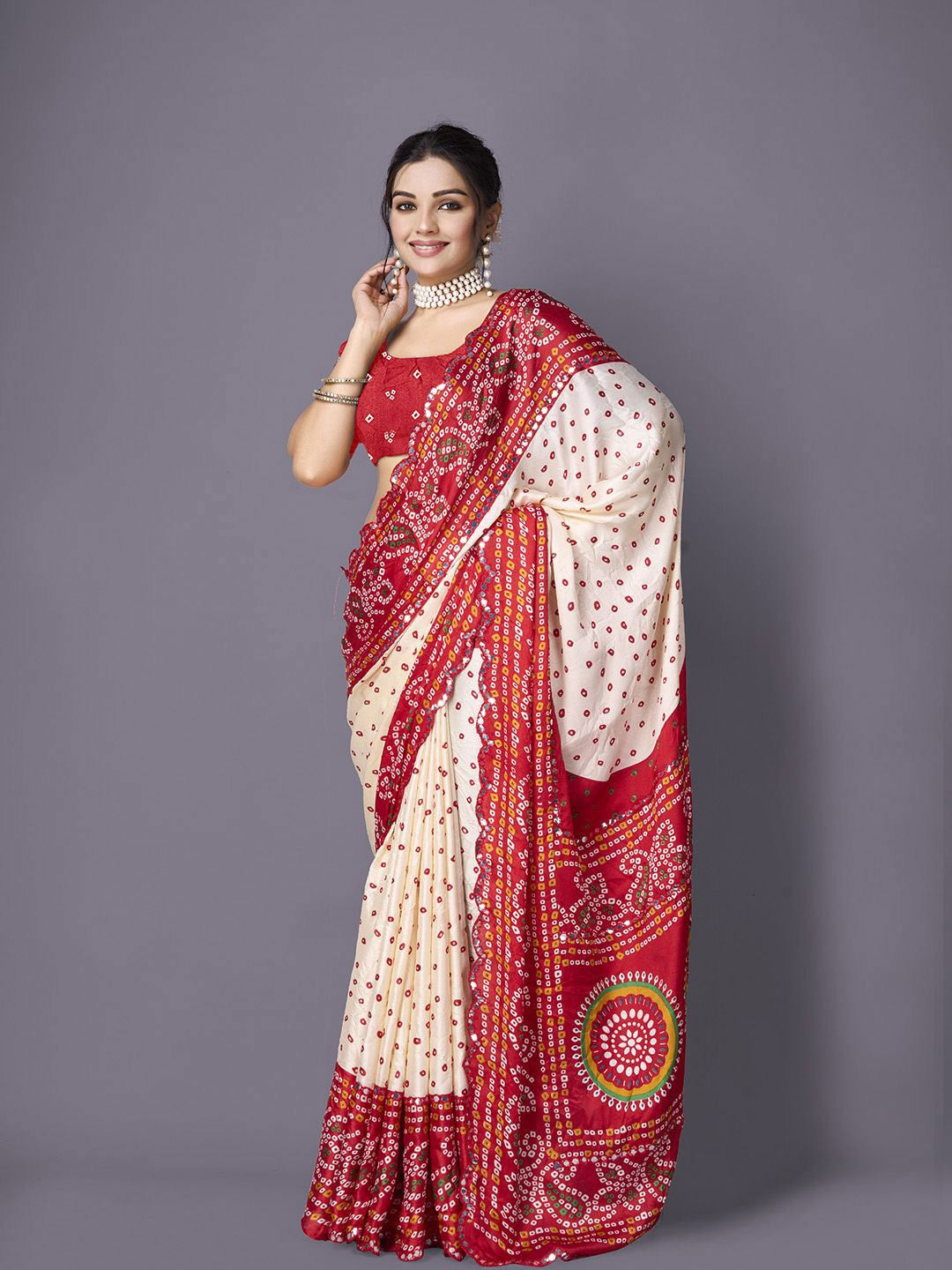 White Art Silk Saree With Red Bandhani Print And Border