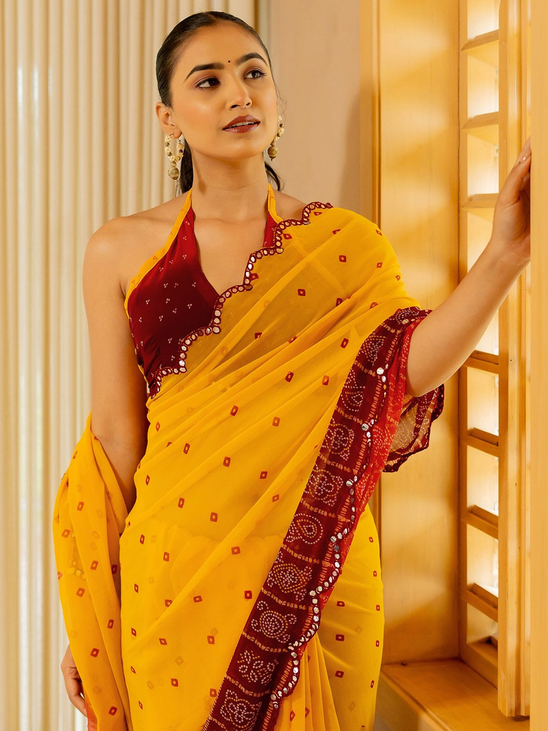 Yellow And Red Bandhani Saree With Sequin Scalloped Border