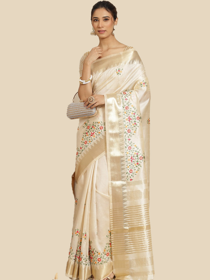 Golden And White Cotton Silk Saree