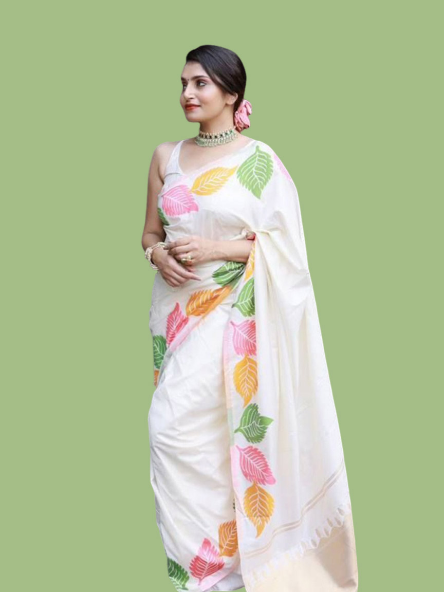 Kanjeevaram White Silk Saree With Floral Printed Border