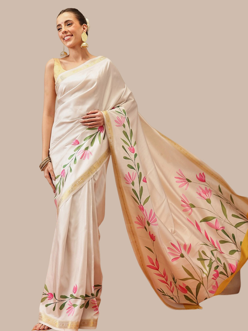 Kasavu White Silk Saree With Golden Border And Floral Print
