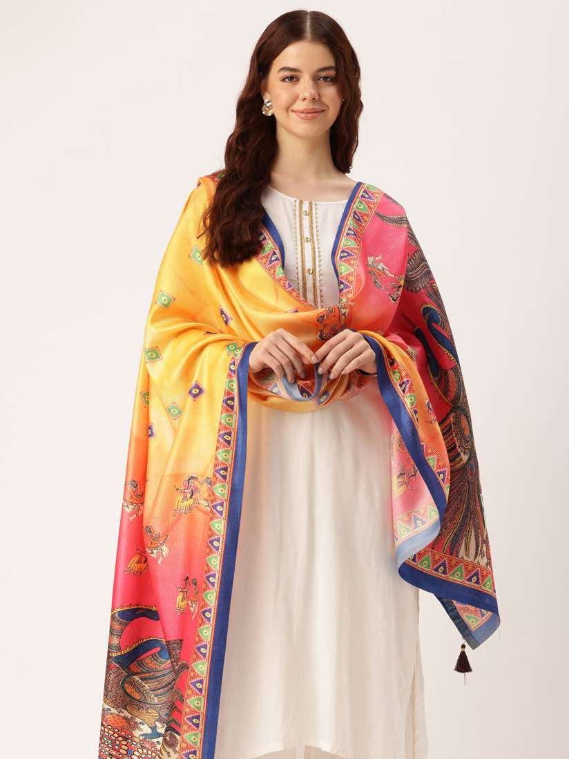 Multicolour Dupatta Across The Shoulder With Solid Colour Kurta