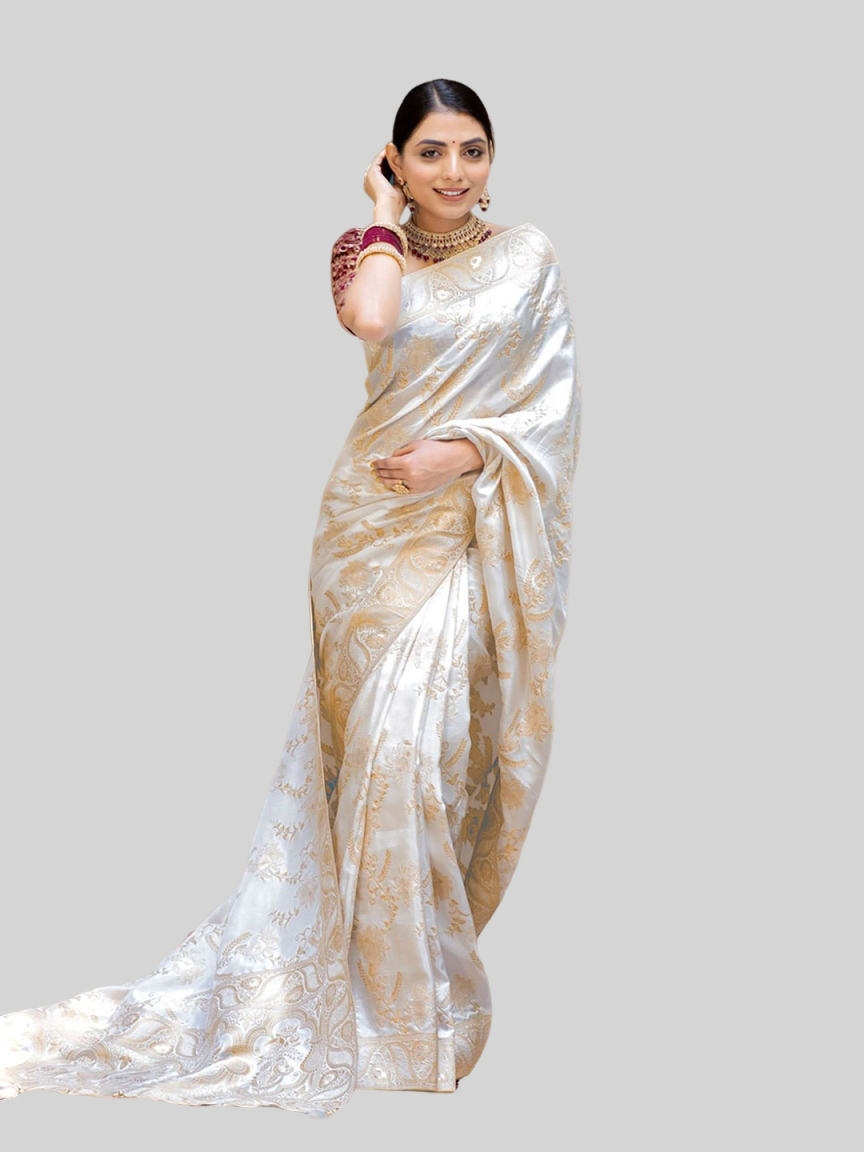 White Banarasi Silk Saree Design