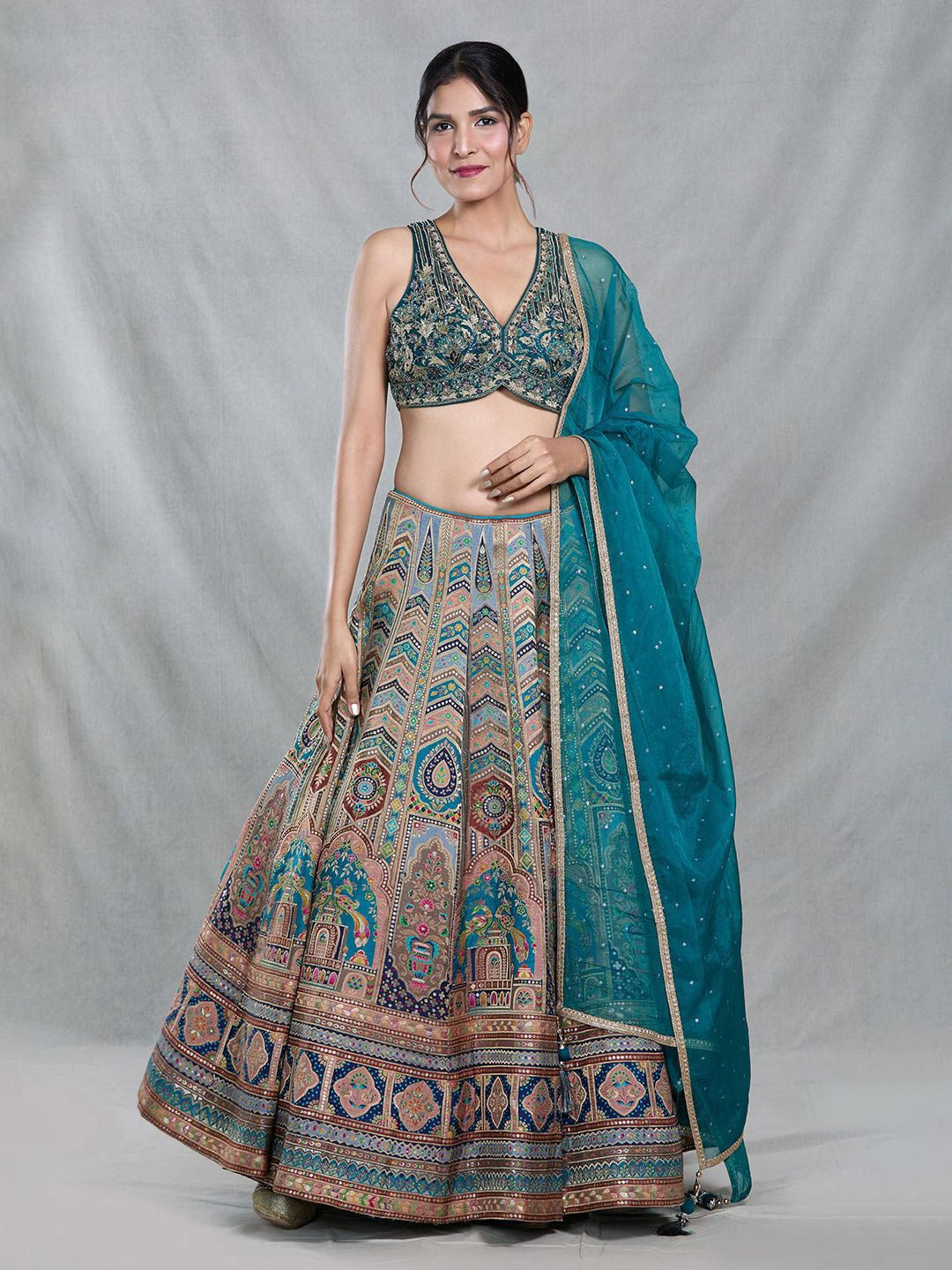 Blue Embroidered Beads And Stones Banarasi Lehenga