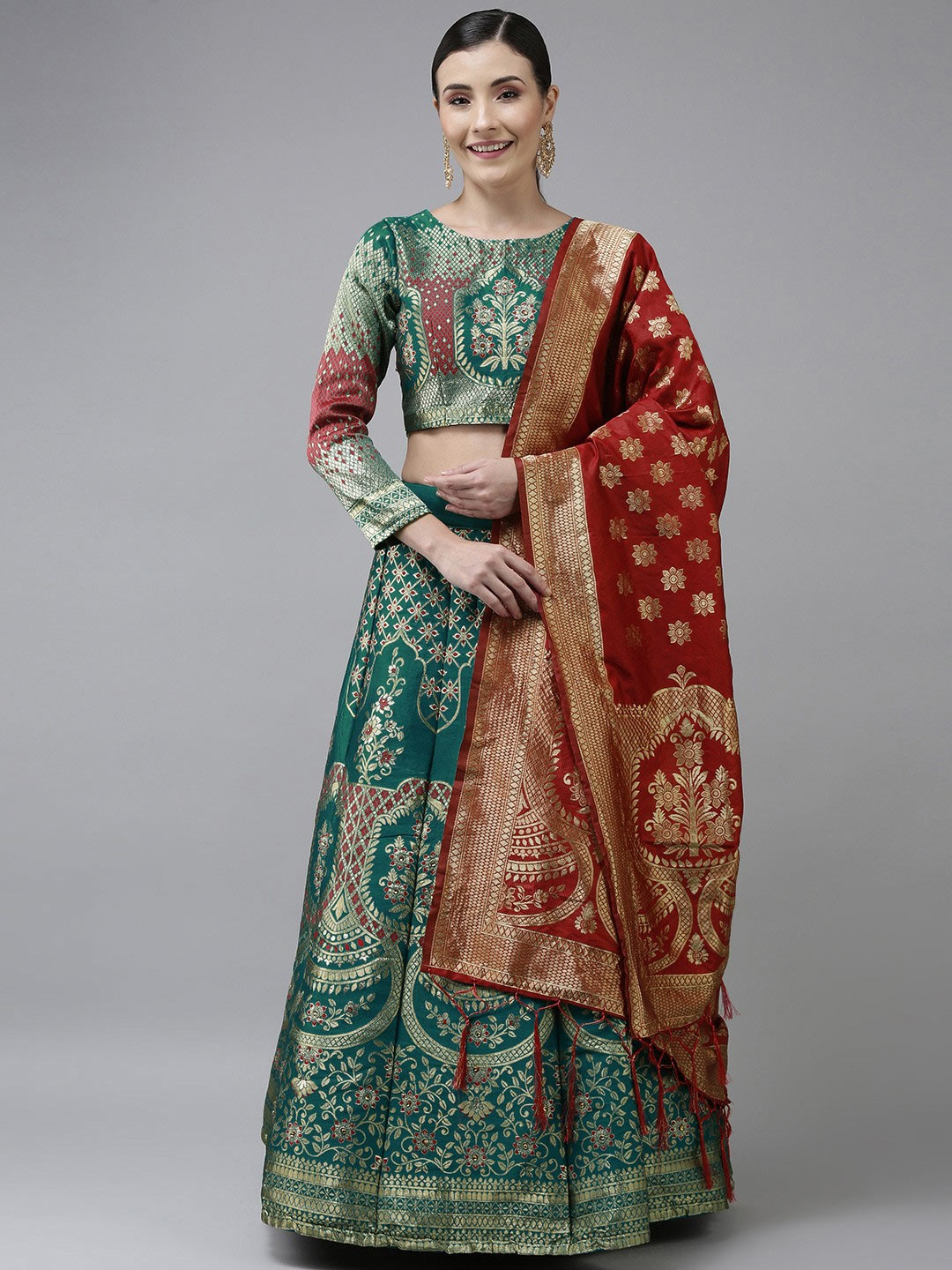 Green And Red Sequinned Banarasi Lehenga