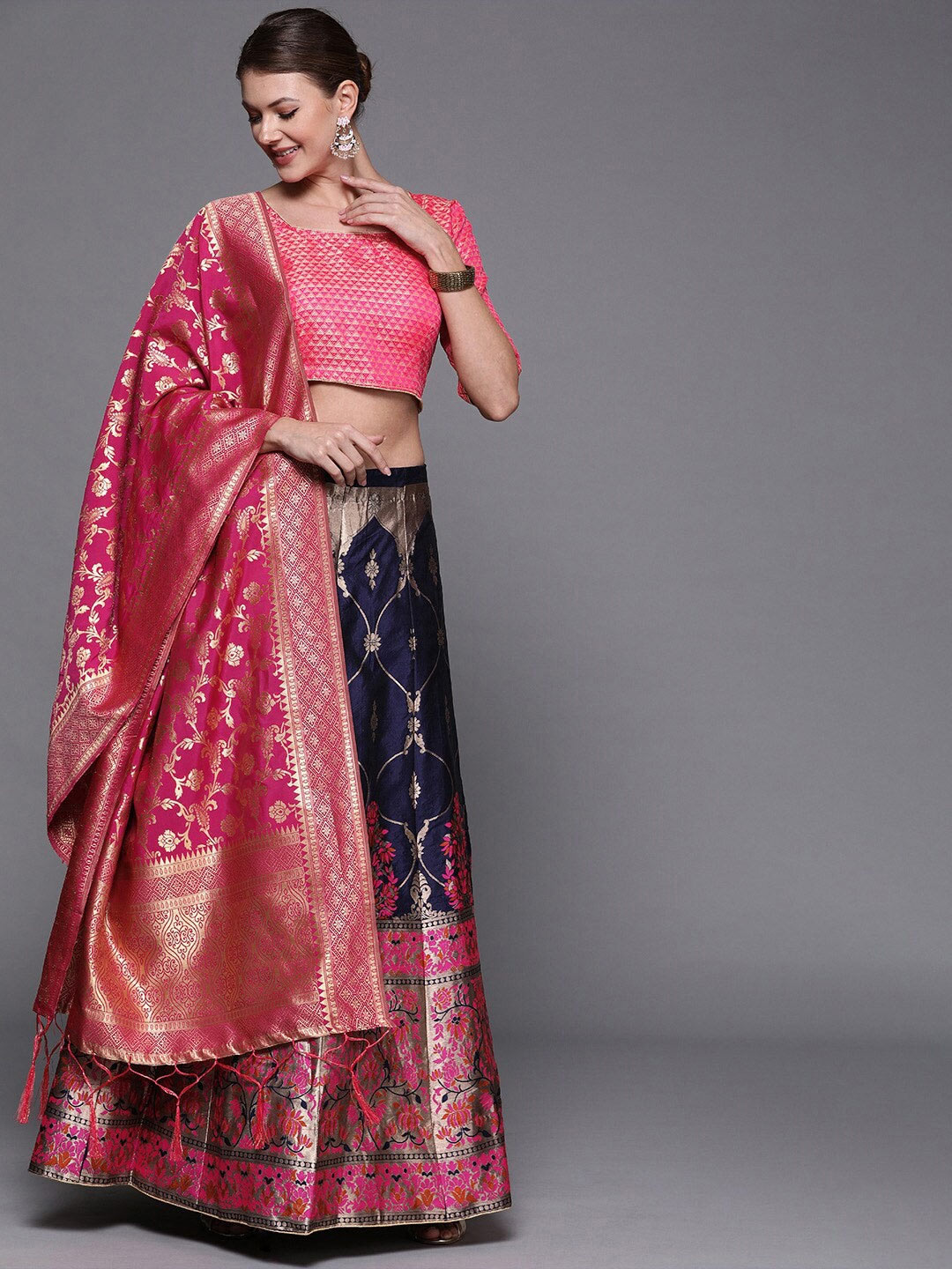 Navy Blue Woven Design Banarasi Silk Lehenga