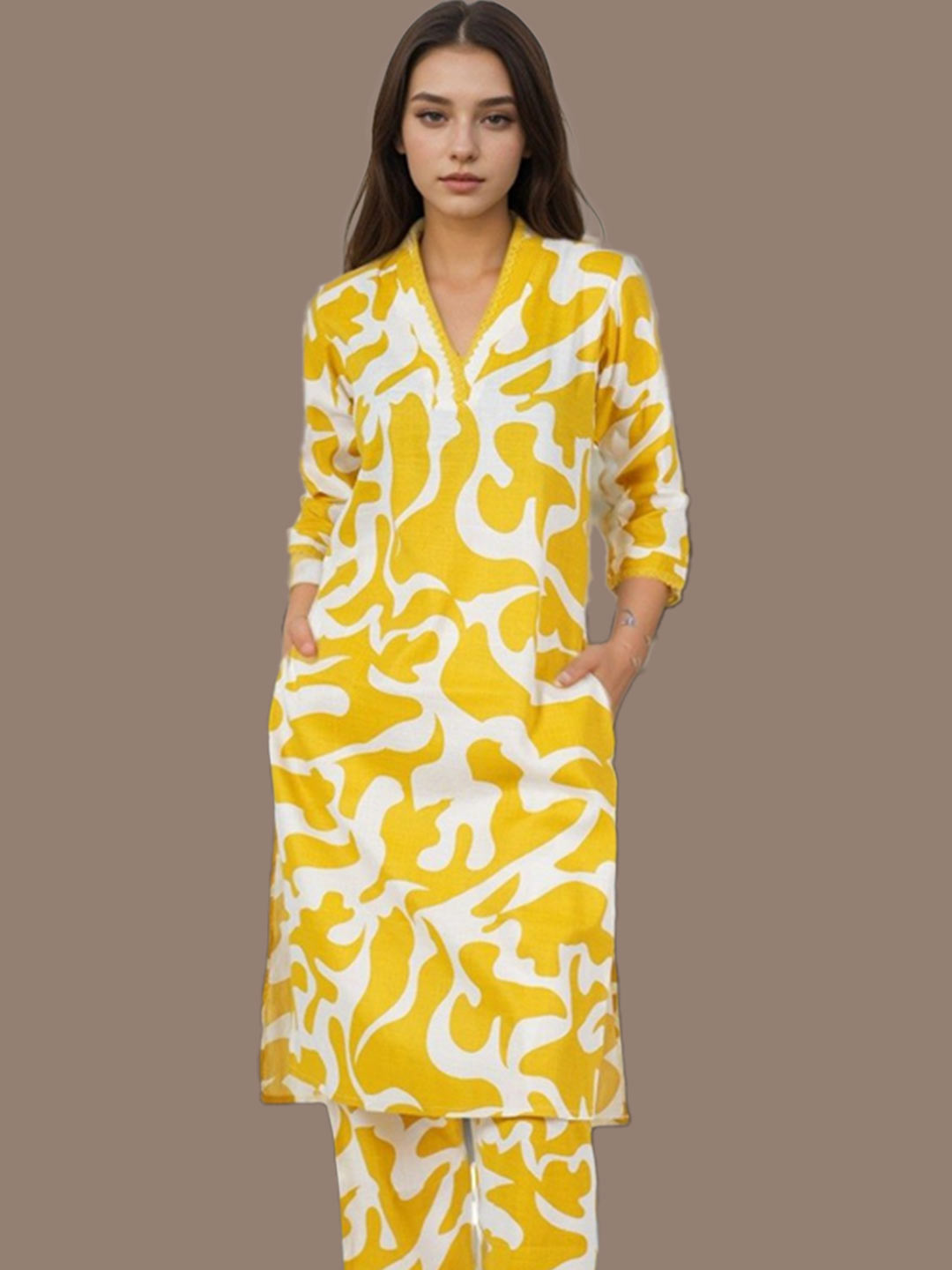Abstract Printed White And Yellow Cotton Kurta Set
