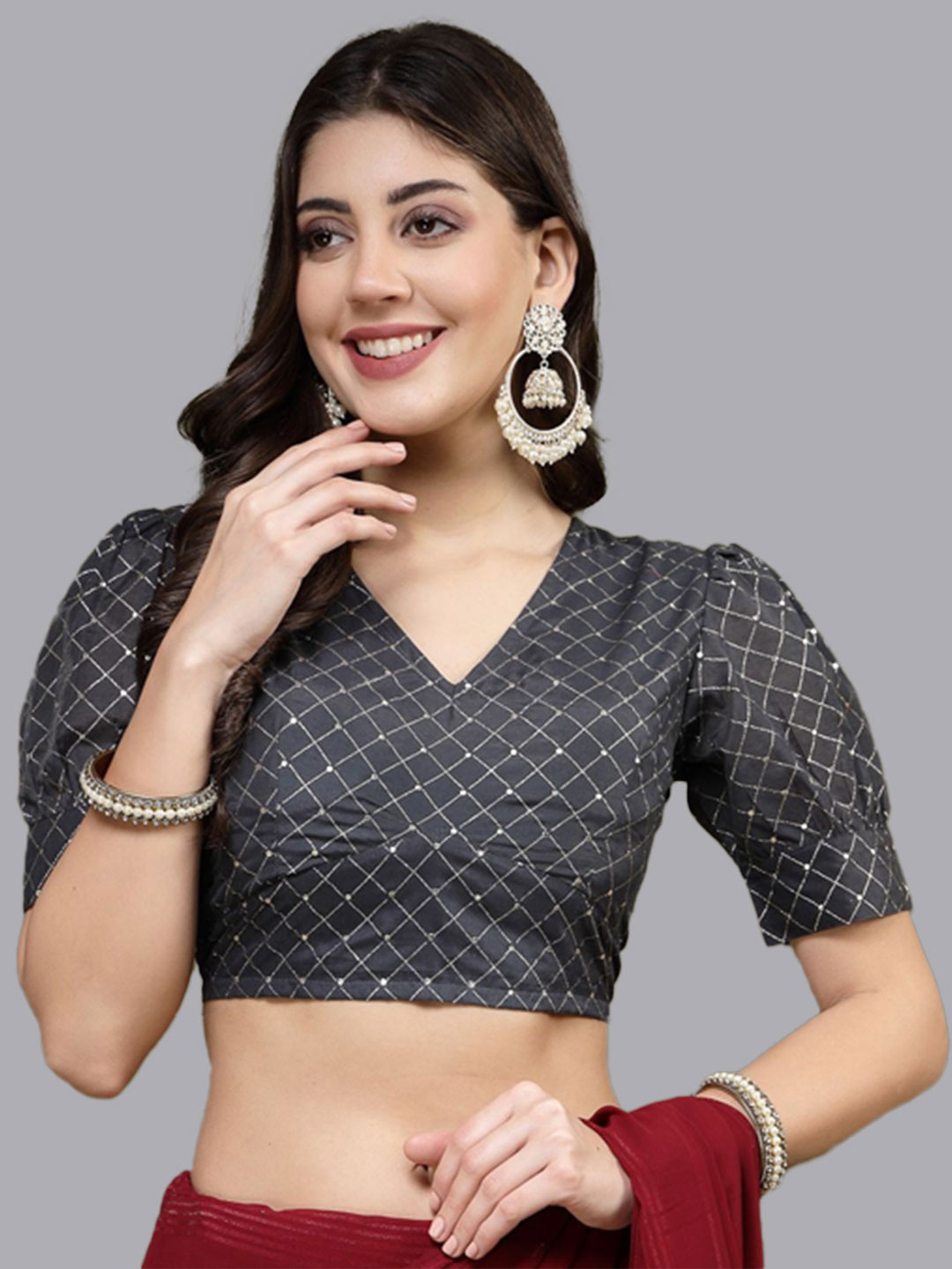 Black V Neck Blouse Design With Puff Sleeves And Golden Checkered Embroidery