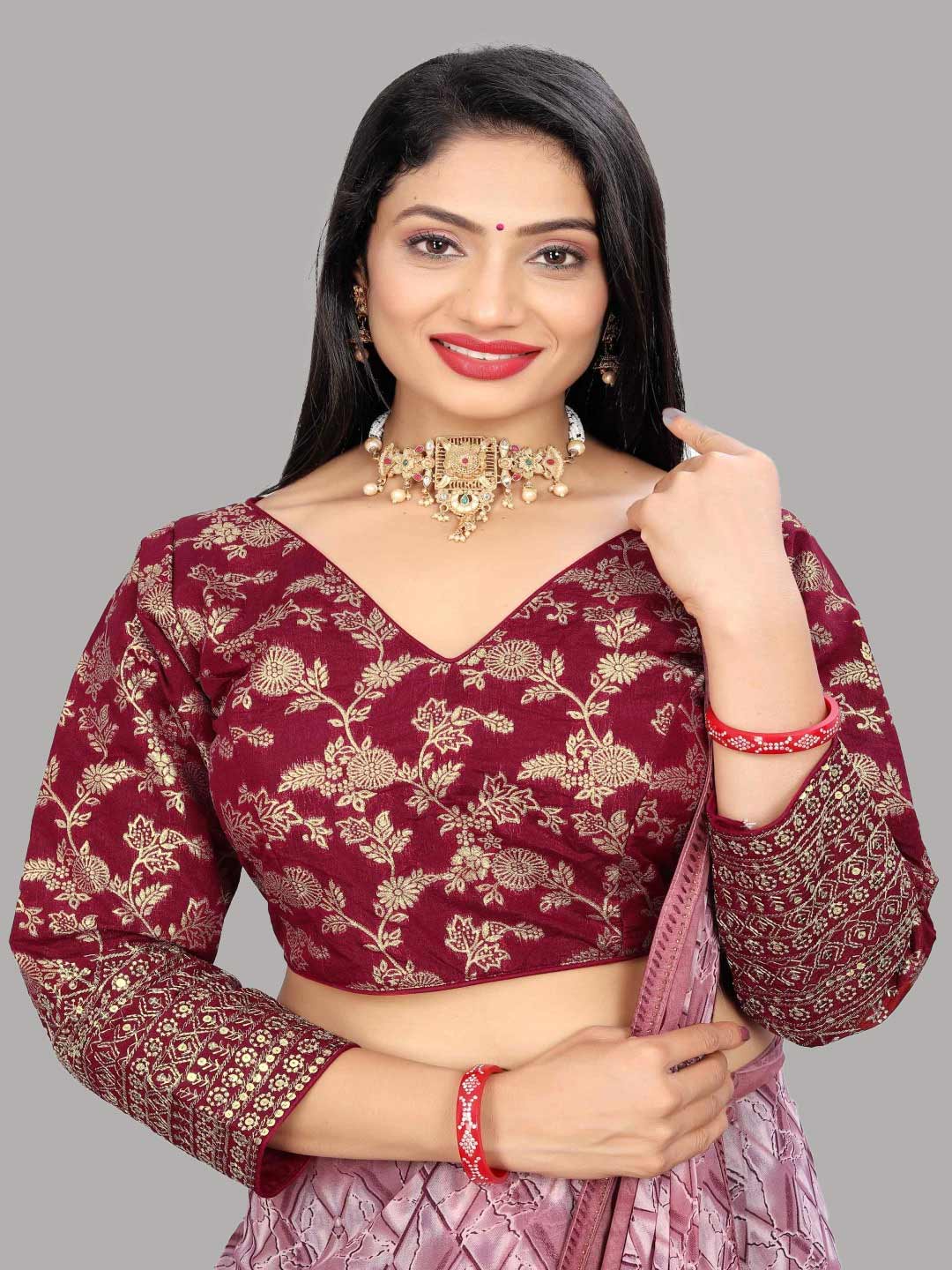 Maroon Full Sleeve V Neck Blouse With Golden Floral Print