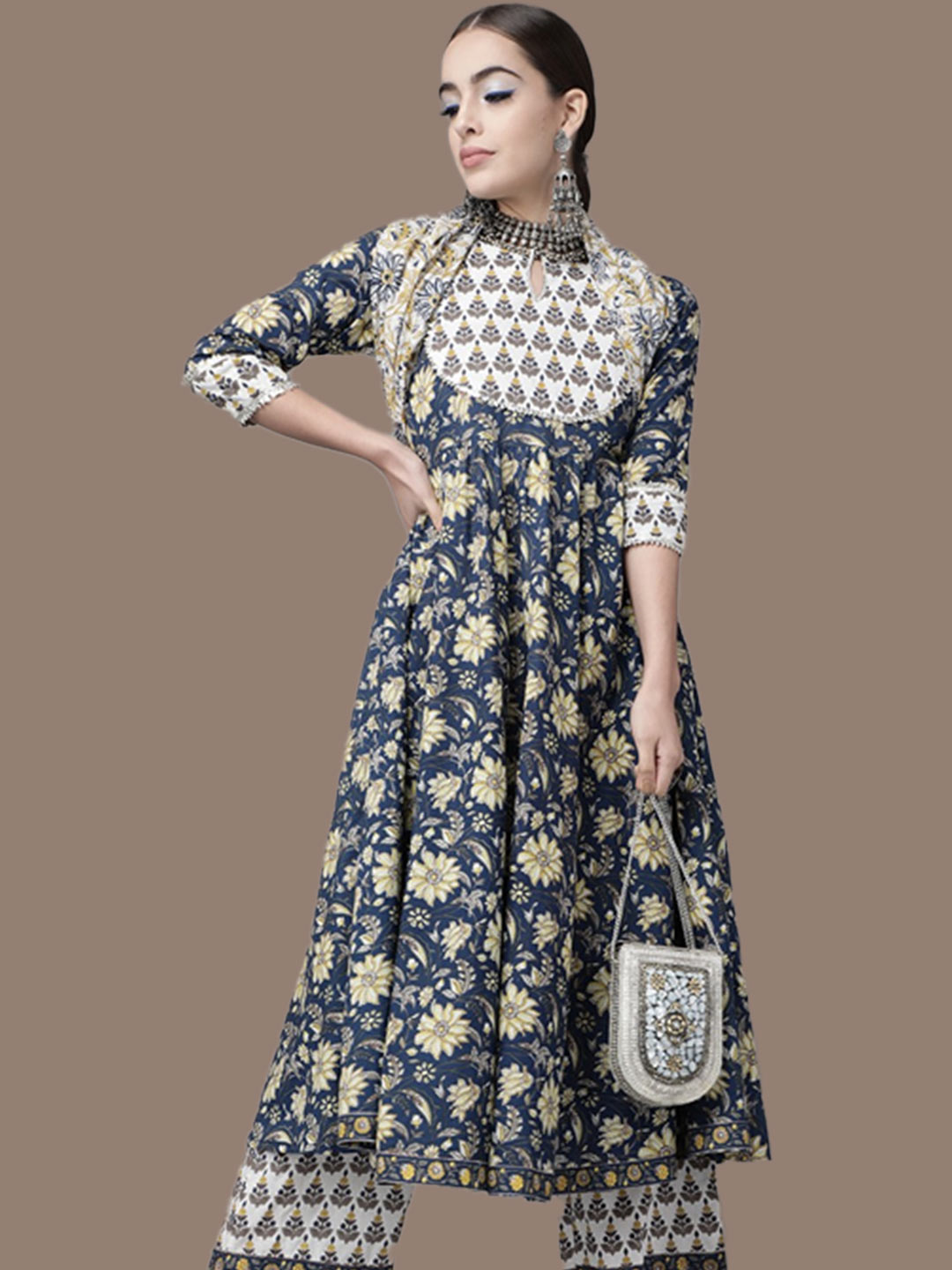 Navy Blue Floral Printed Fit And Flare Cotton Kurta Set