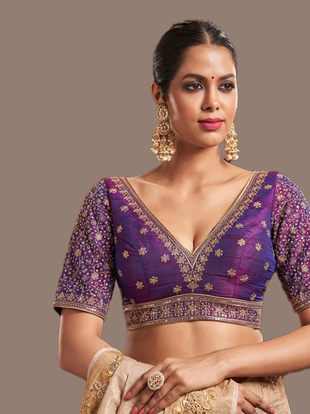 Purple Raw Silk V Neck Blouse With Golden Embroidery