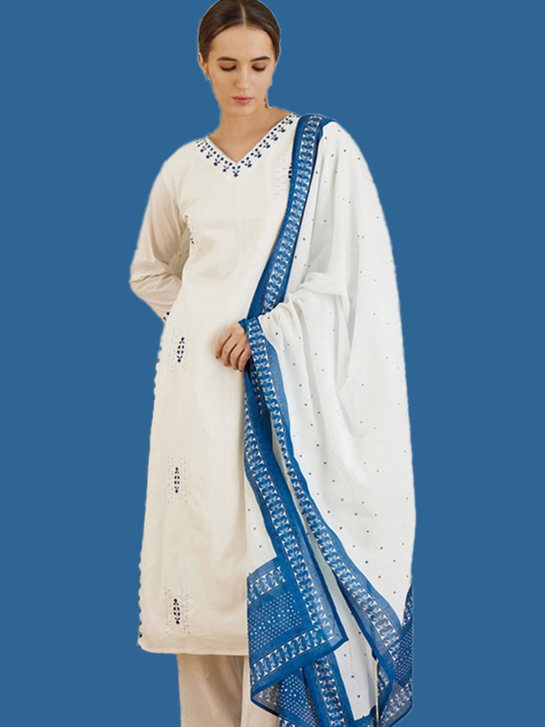 White Pure Cotton Kurta Set With Blue Threadwork On The Border