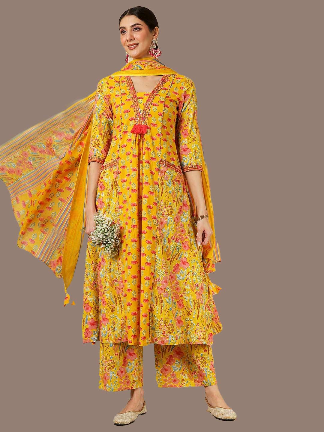 Yellow And Red Floral Printed Anarkali Cotton Kurta Set