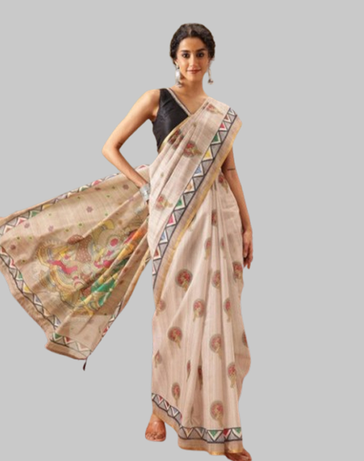 Beige Madhubani Painting Saree