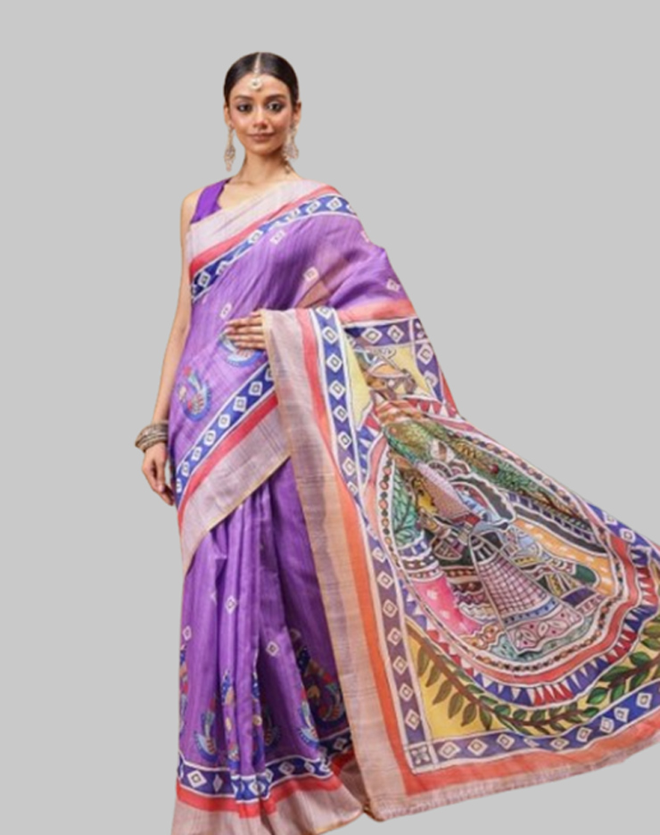 Purple Madhubani Painting Saree