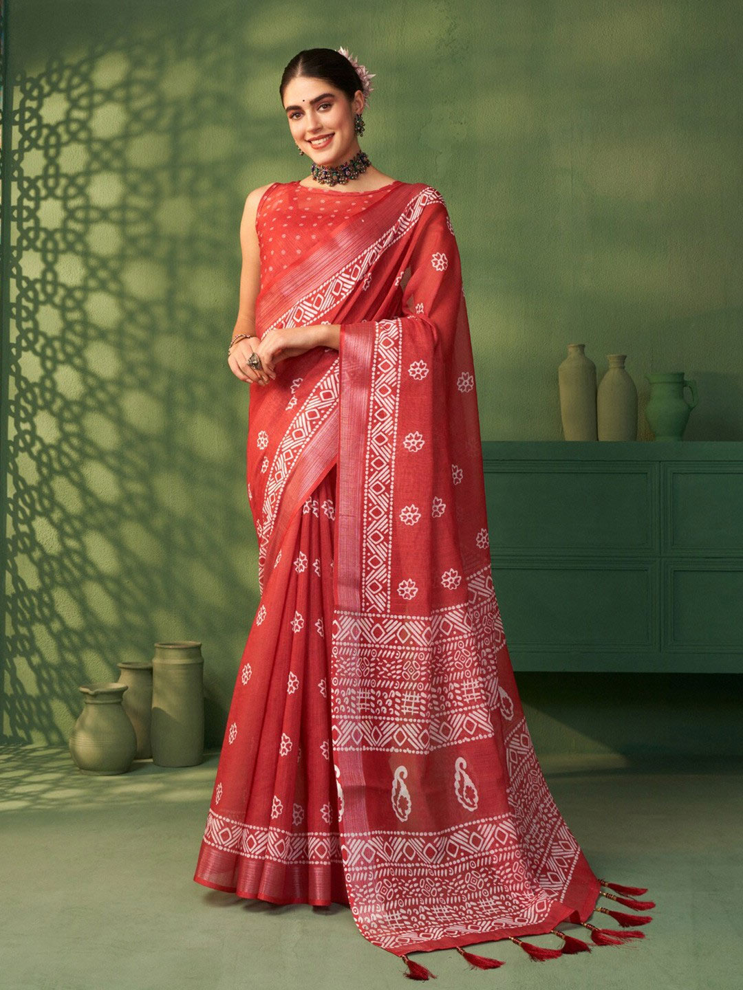 Batik Block Printed Zari Jaipuri Saree