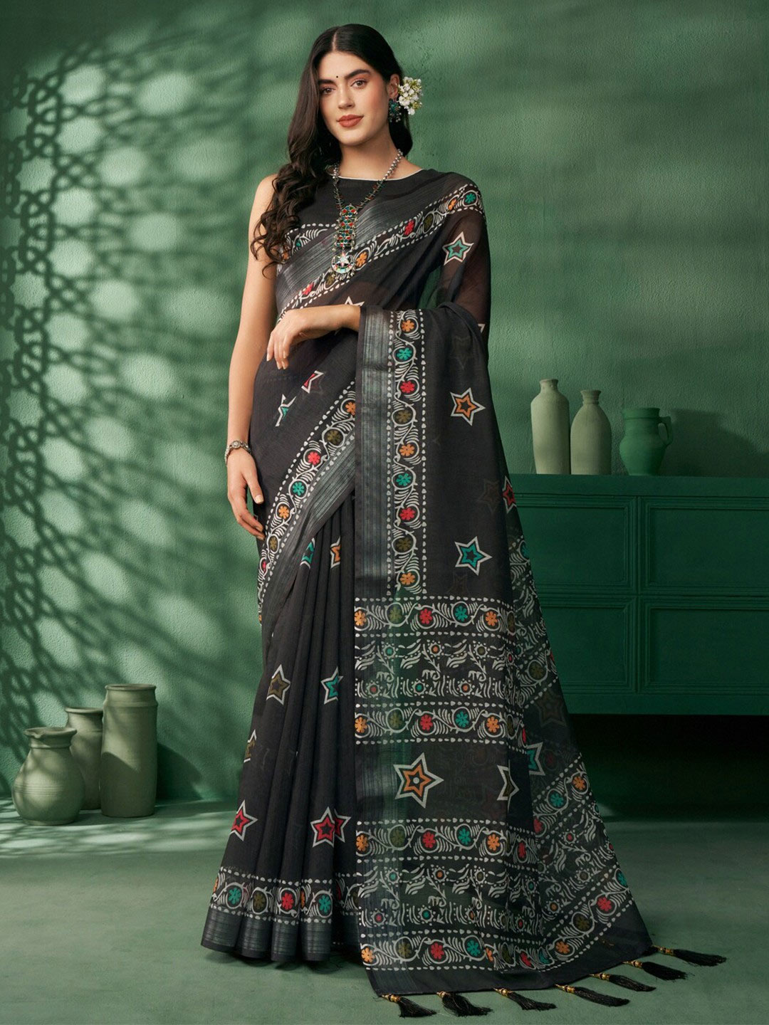 Block Printed Zari Jaipuri Saree