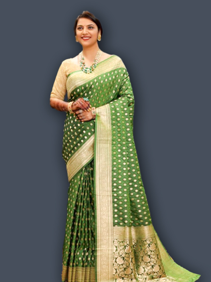 Paithani Green Silk Saree With Floral Print Pallu