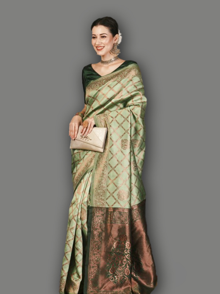 Designer Light Green Silk Saree With Brown Border