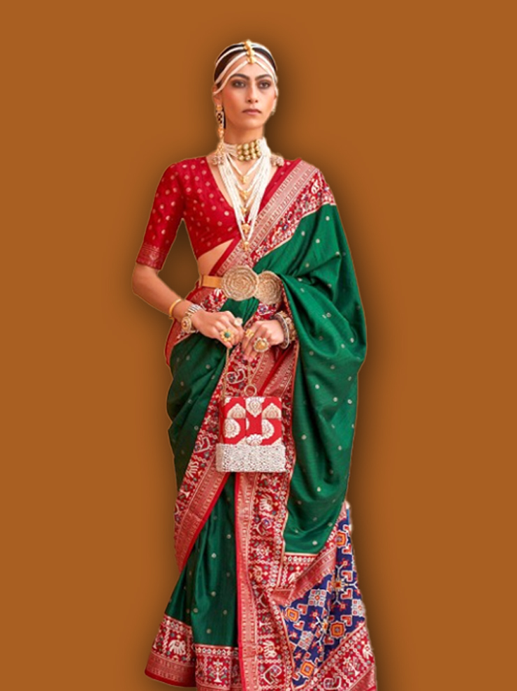 Patola Green Silk Saree With Red Border
