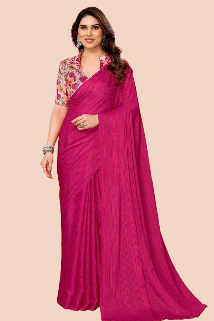 Dark Pink Saree Floral Multicolour Contrast Blouse