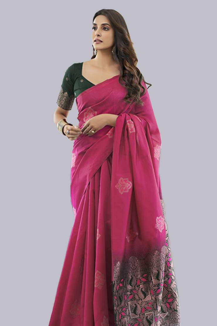 Dark Pink Saree Green Contrast Blouse