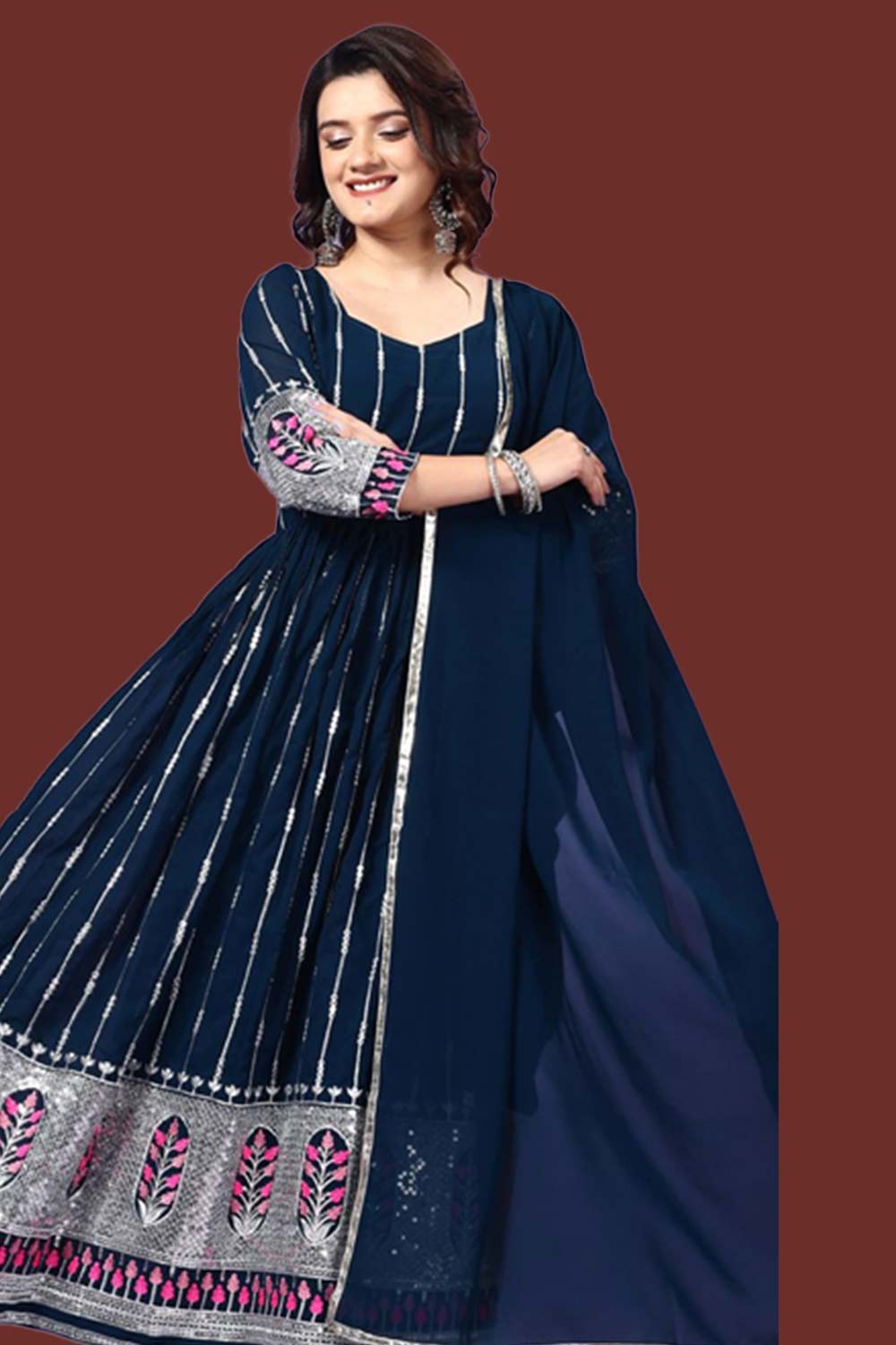 Fit And Flare Navy Blue Silk Suit With Sequin Work