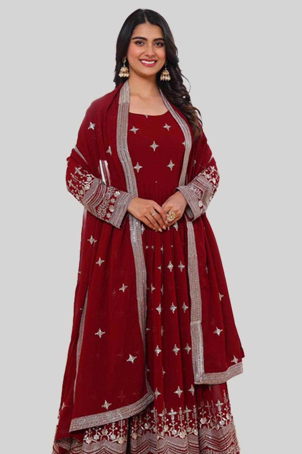 Flared Sleeves Red Silk Suit With Silver Embroidery
