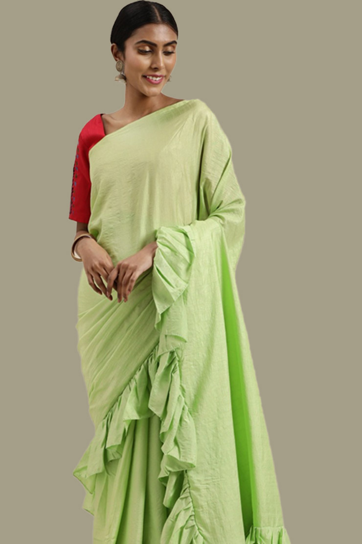 Green Dola Silk Saree With Ruffles