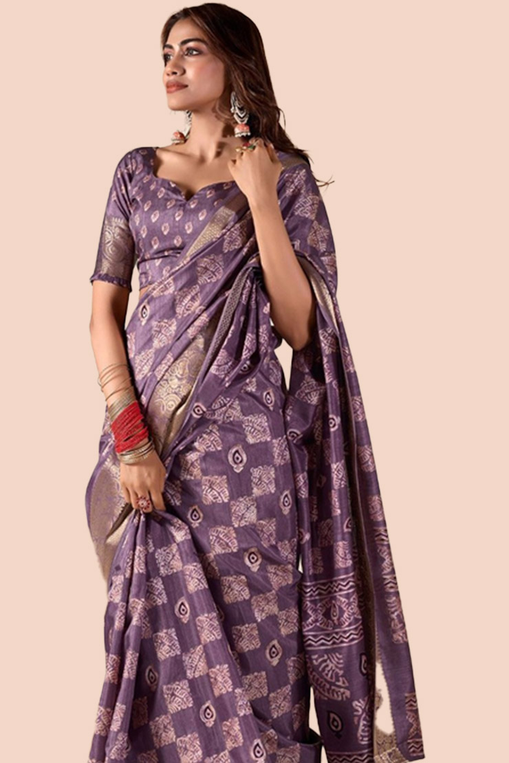 Lavender Dola Silk Saree With Ethnic Motif Print