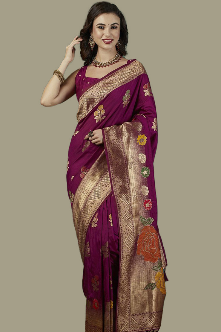 Magenta Banarasi Dola Silk Saree With Golden Border