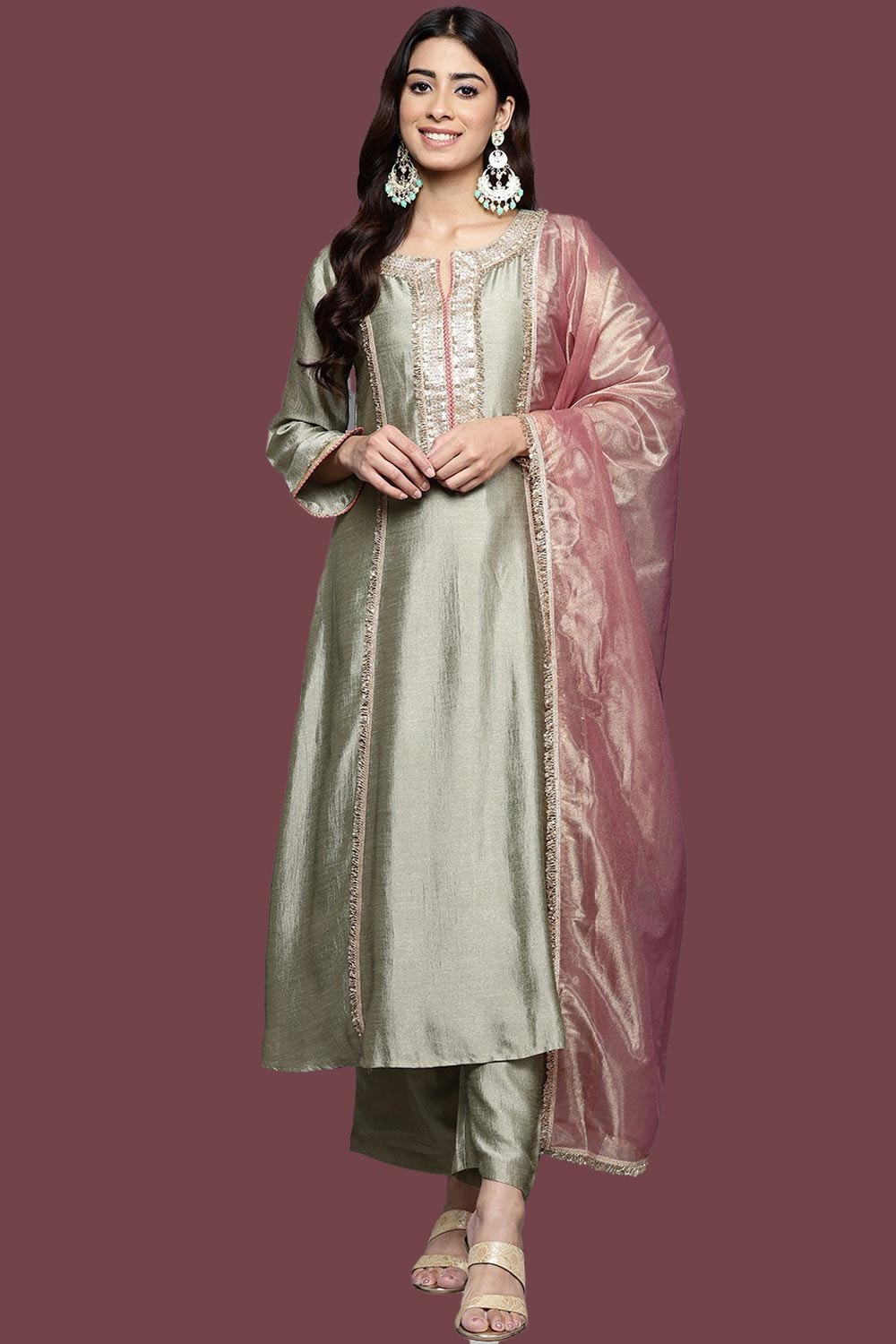 Olive Green Straight Cut Blend Silk Suit