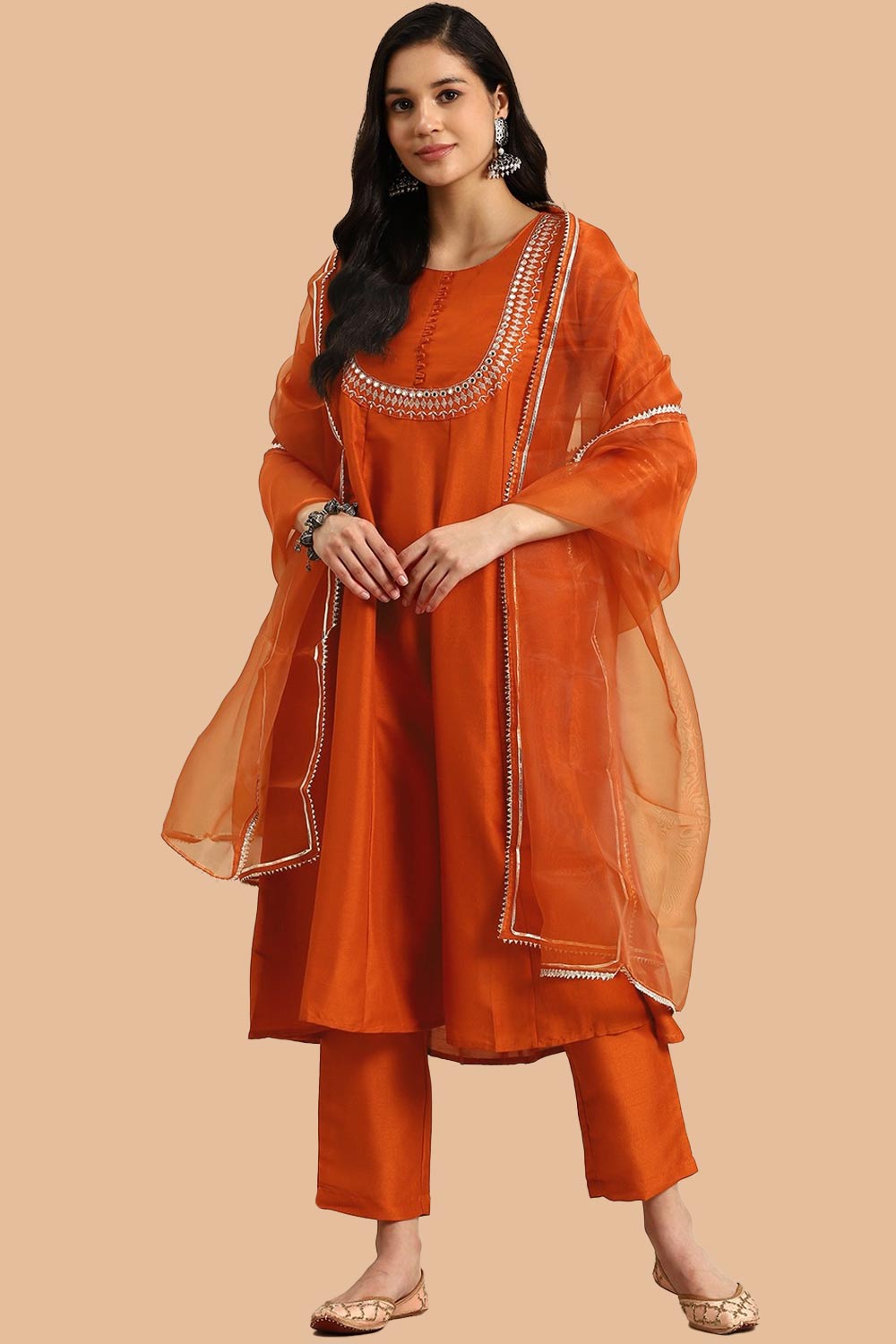 Orange Silk Suit With Mirrorwork Neckline