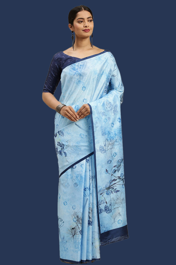 Sky Blue Dola Silk Saree With Floral Print