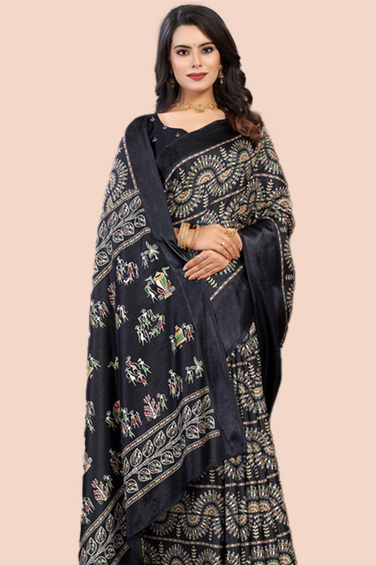 Warli Printed Black Dola Silk Saree