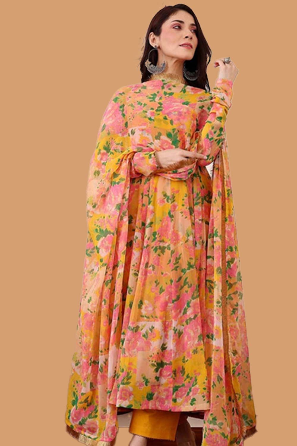 Yellow Floral Printed Full Sleeve Anarkali Silk Suit