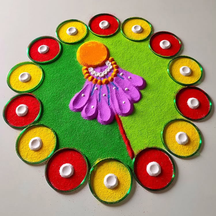 1. Circle Gudi Padwa Rangoli Design With Purple Gudi Centre