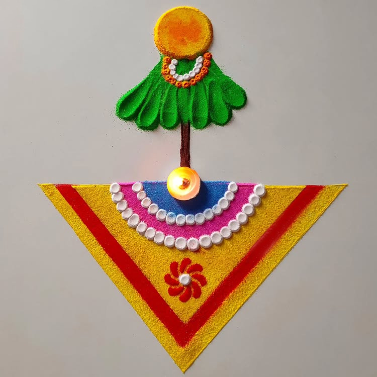 Triangle Gudi Padwa Rangoli Design With Diya