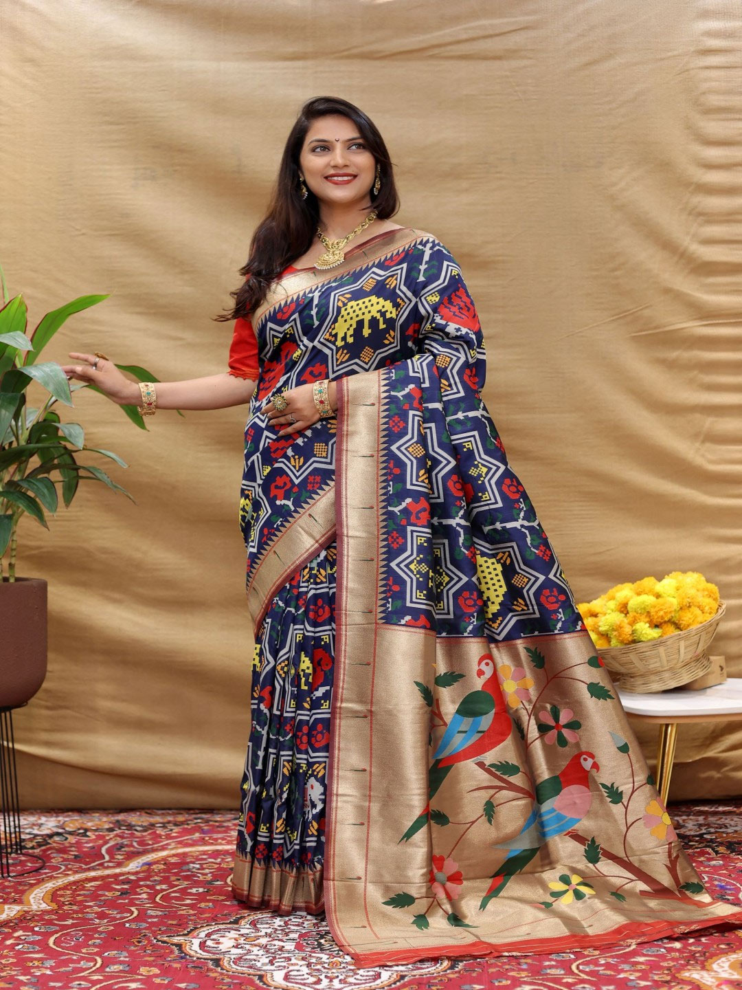 Multicolour Printed Royal Blue Saree