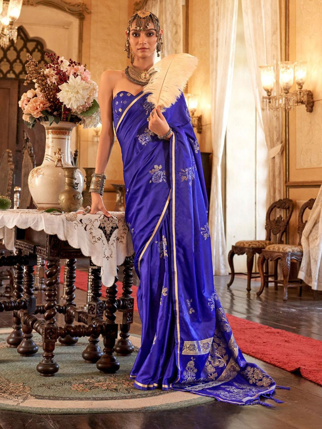 Plain Royal Blue Saree With Golden Border