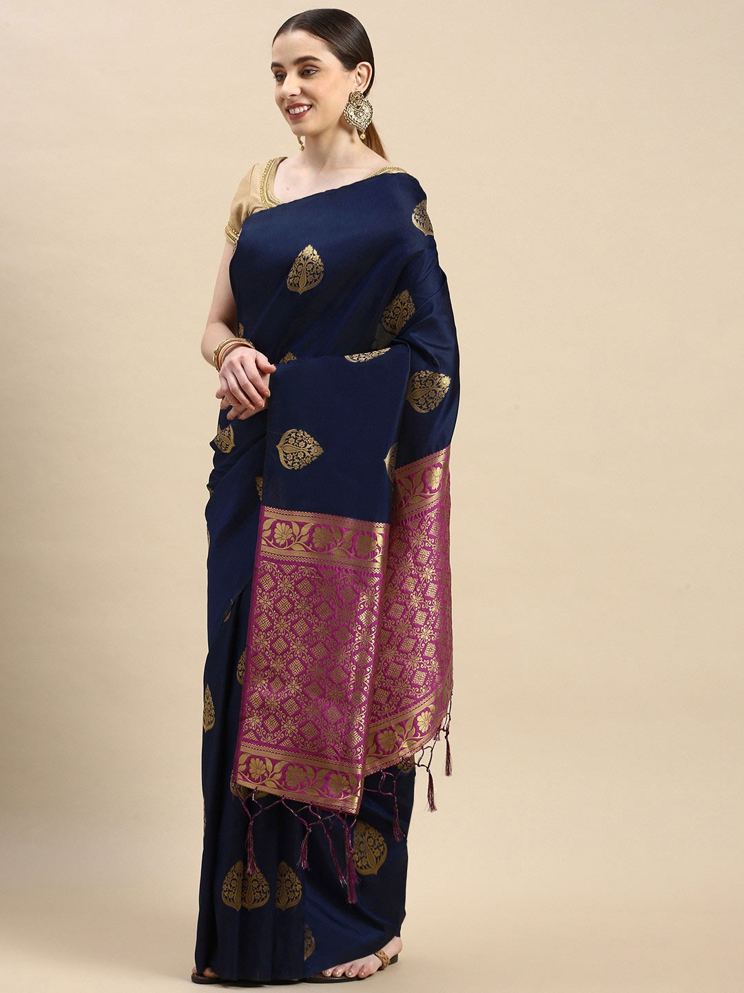 Pure Silk Banarasi Royal Blue Saree With Pink Border
