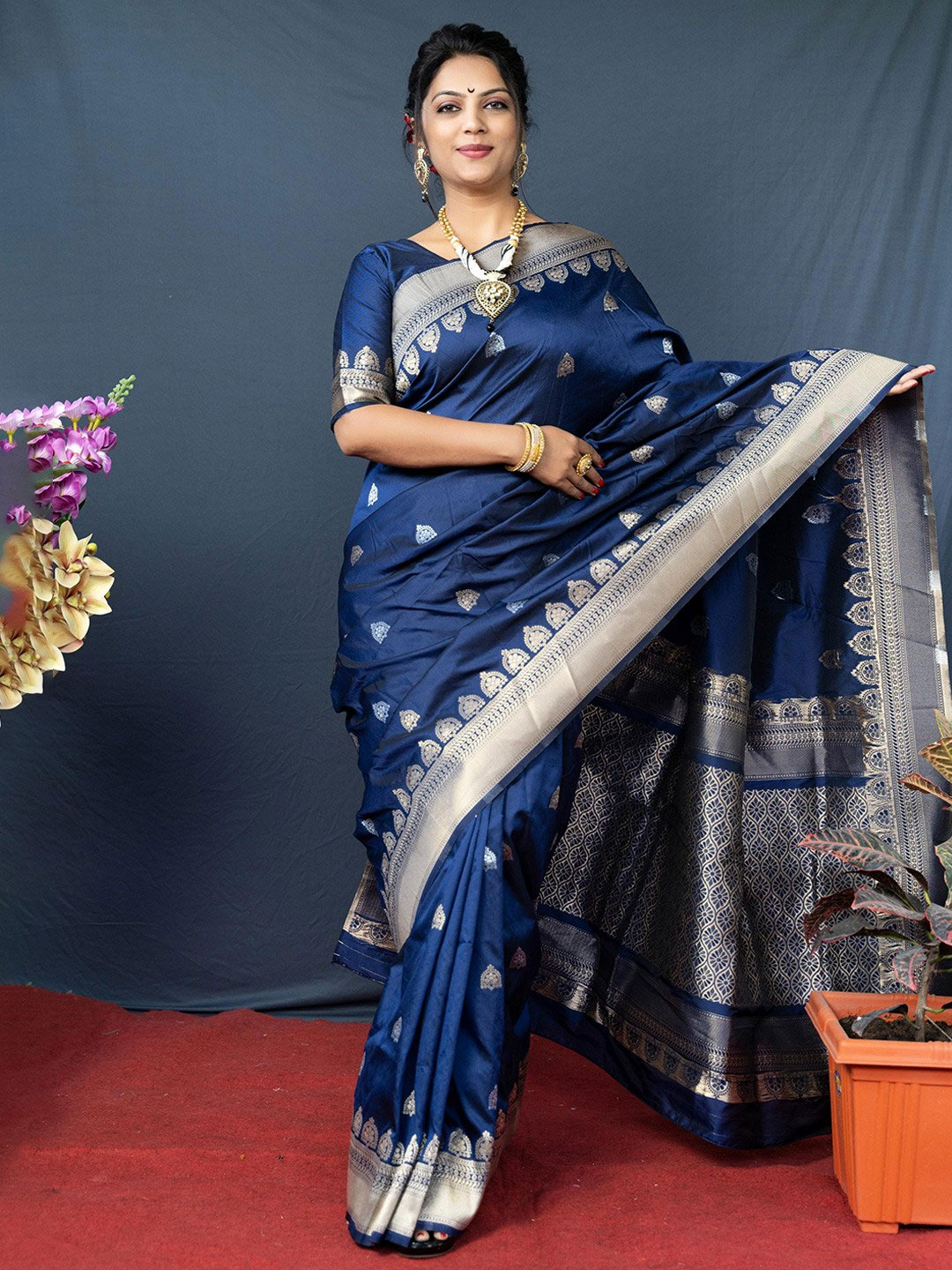 Silk Royal Blue Saree With Silver Border