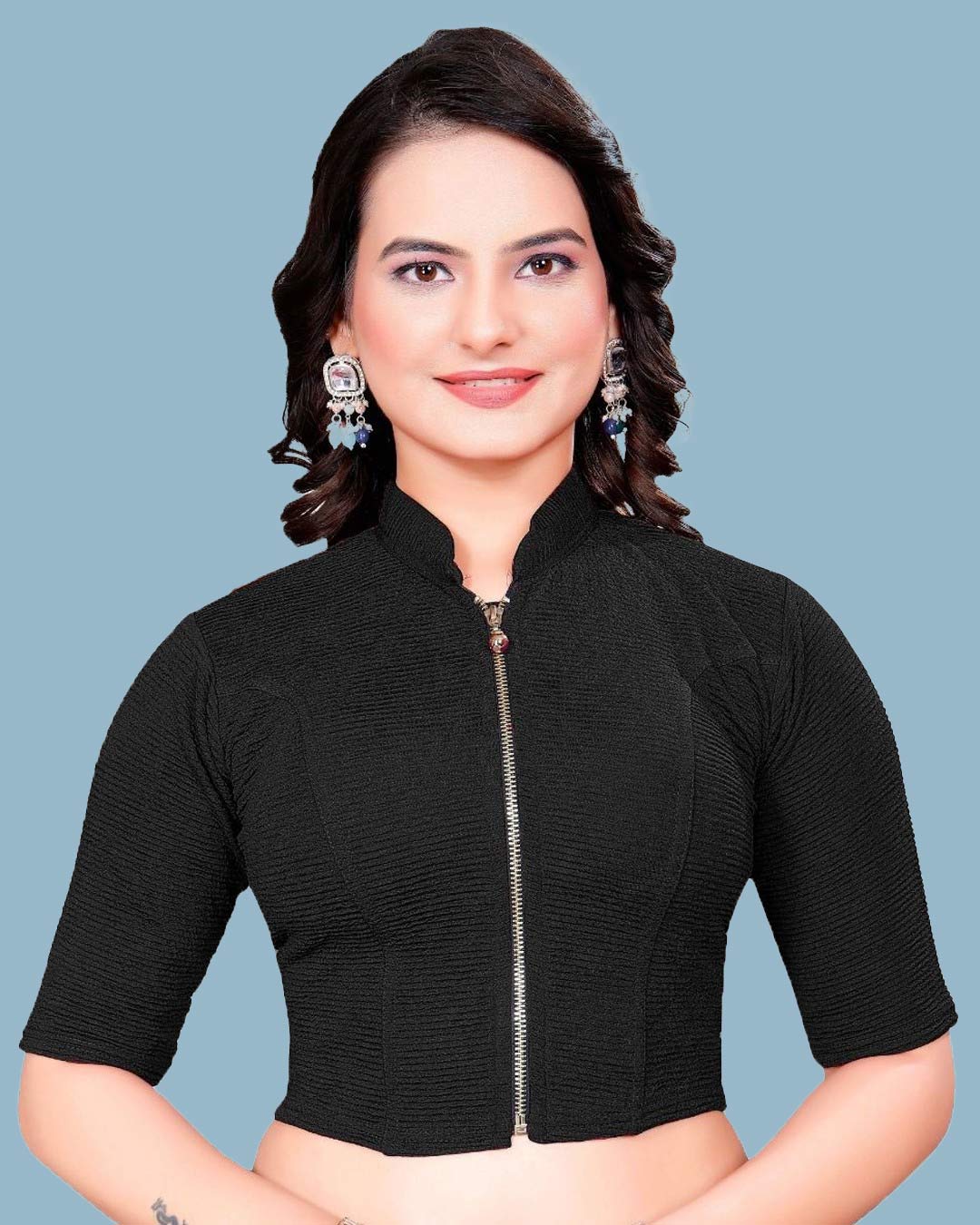 Black Zipper High Neck Blouse With Quarter Sleeves