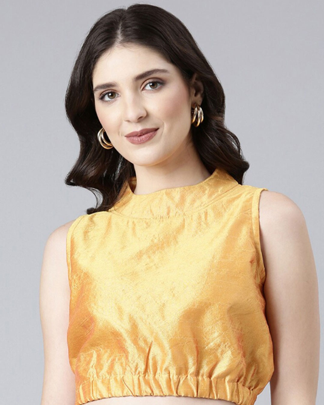 Golden High Neck Blouse With Ruched Border