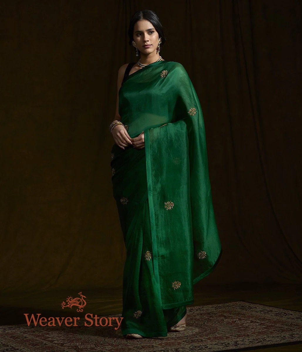 Green Organza Silk Saree By Weaverstory