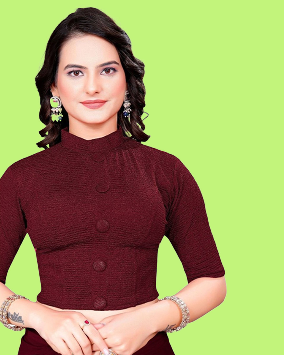 Maroon Quarter Sleeve Buttoned High Neck Blouse